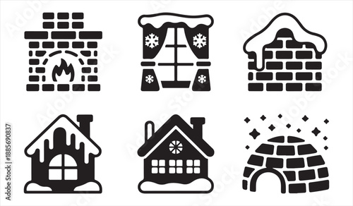 Cozy winter home and cold climate shelter silhouette set