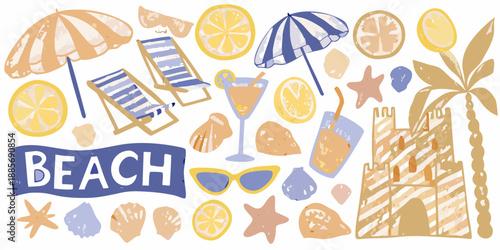 A colorful summer illustration featuring beach elements like umbrellas and citrus fruits