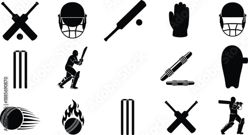 Black Cricket Silhouettes Set with Batsman Poses Helmets Bats Balls and Wickets Isolated on White Background for Professional Sports Vector Graphic Design Elements