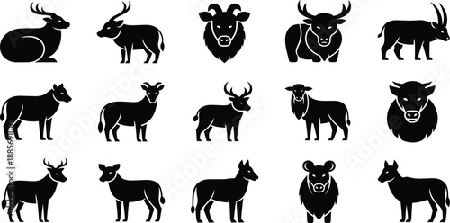 Collection of various black silhouettes of different types of antelopes and bulls on white background
