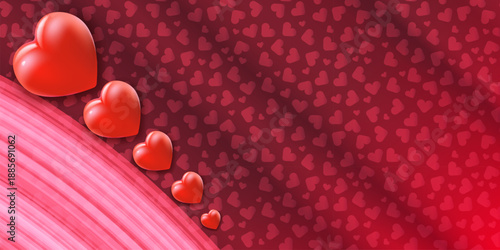 Modern romantic web banner for love and romance, 3D red heart icon on abstract wavy background with heart shapes for Valentine's Day social media marketing. Love background