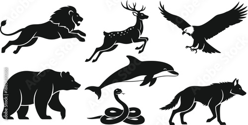 Black silhouettes of various wild animals on white background including lion deer eagle bear dolphin wolf snake