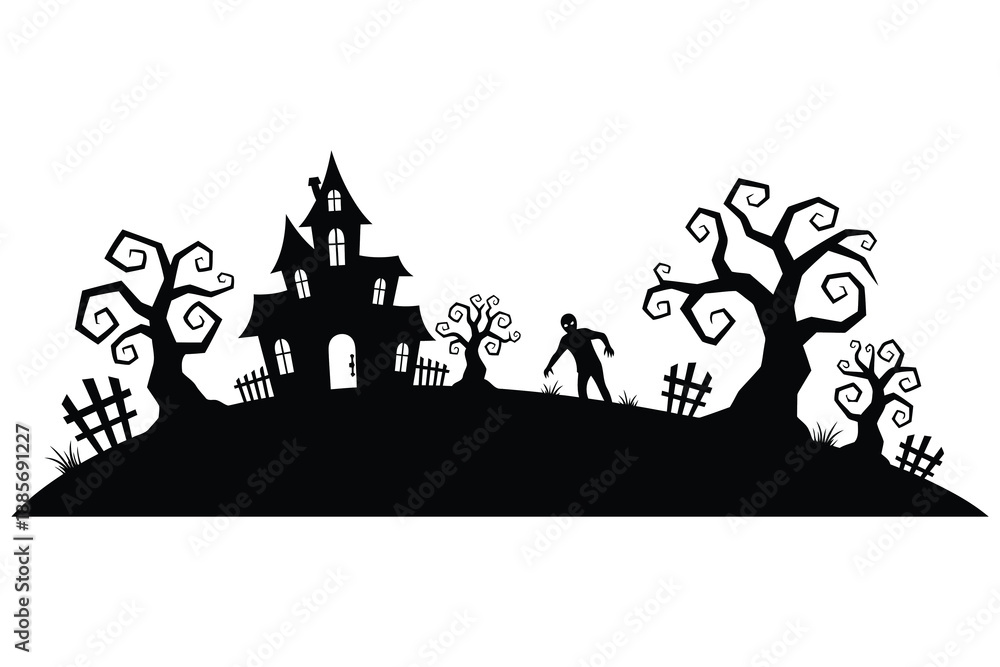 Fototapeta premium Halloween haunted house with zombie and trees on hill spooky scenery with fence and grass