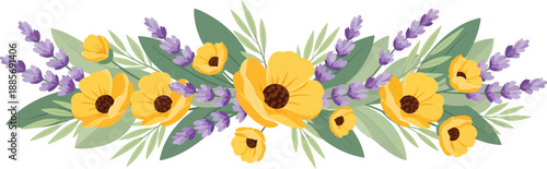 Vibrant watercolor illustration of sunflowers and lavender flowers with green leaves on white background