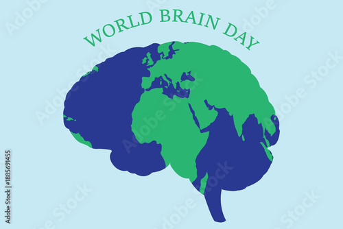Stylized brain with world map, promoting global awareness, World Brain Day health campaign. EPS 10