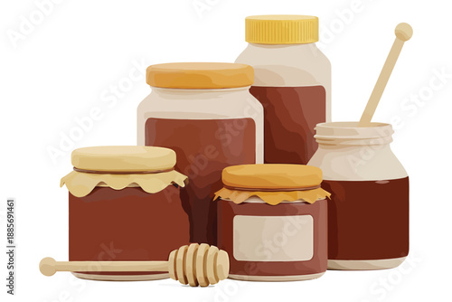 Illustration of various honey jars with dipper on white background for food and drink concepts
