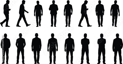 Vector illustration of male silhouette poses—symbols for motion, gesture, posture, walking, standing, character design, animation, and human modeling