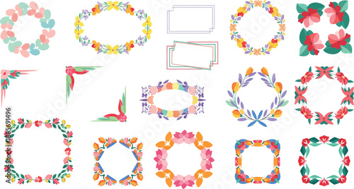 Collection of colorful floral borders and frames for decoration and design
