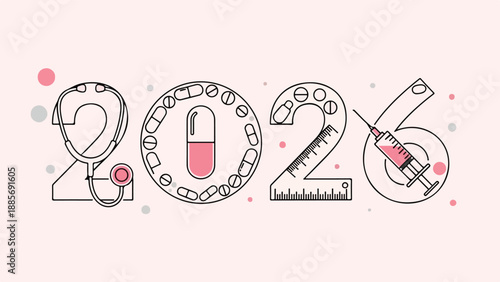 2026 medical health year vector illustration with stethoscope, pills, ruler, syringe, pink and grey elements
