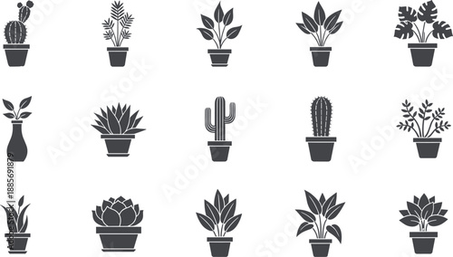 Black Houseplant Silhouettes Set with Potted Cactus Succulents Monstera and Decorative Indoor Leafy Plants Isolated on White Background for Interior Vector Graphic Design Elements