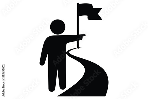 person holding flag on a winding road to success and achievement in business and leadership