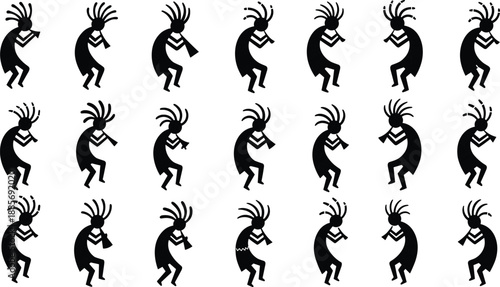 Black Kokopelli Silhouettes Set with Traditional Native American Flute Player Icons and Tribal Fertility Deity Symbols Isolated on White Background for Vector Graphic Design