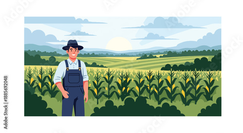 Vector illustration of a USA farmer standing proudly in a cornfield at sunrise, representing modern American agriculture, sustainable food production, and rural lifestyle in flat vector style