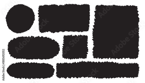 Hand drawn grunge textured box frames. Uneven pieces of paper with torn jagged edges for vintage retro style collage. Squares circles ovals banners borders. Black silhouette of ripped paper for scrap
