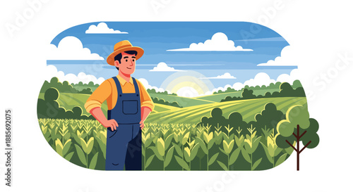Vector illustration of a USA farmer standing proudly in a cornfield at sunrise, representing modern American agriculture, sustainable food production, and rural lifestyle in flat vector style
