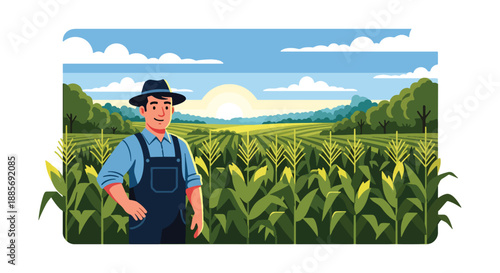 Vector illustration of a USA farmer standing proudly in a cornfield at sunrise, representing modern American agriculture, sustainable food production, and rural lifestyle in flat vector style