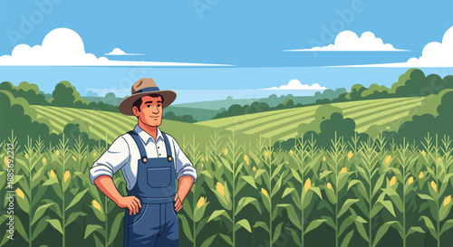 Vector illustration of a USA farmer standing proudly in a cornfield at sunrise, representing modern American agriculture, sustainable food production, and rural lifestyle in flat vector style