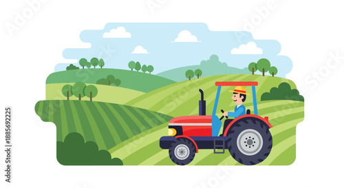 Vector illustration of a USA farmer driving a tractor across farmland, showing mechanized agriculture, productivity, and modern rural farming life in clean flat vector style