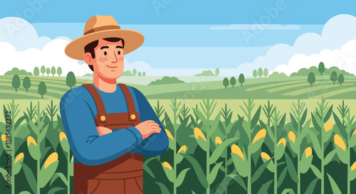 Vector illustration of a USA farmer standing proudly in a cornfield at sunrise, representing modern American agriculture, sustainable food production, and rural lifestyle in flat vector style