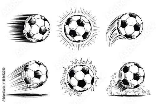Dynamic grunge soccer balls, sketch-style illustration with motion effects