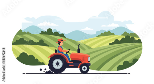 Vector illustration of a USA farmer driving a tractor across farmland, showing mechanized agriculture, productivity, and modern rural farming life in clean flat vector style