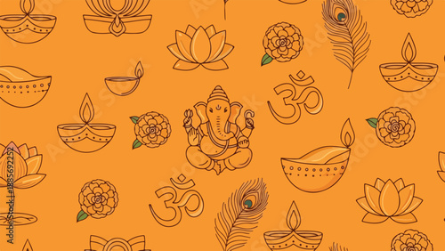 Diwali festival vector seamless pattern with Ganesha, lotus, diya lamps, marigold flowers, Om symbol, and peacock feathers on orange background