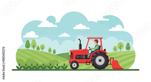Vector illustration of a USA farmer driving a tractor across farmland, showing mechanized agriculture, productivity, and modern rural farming life in clean flat vector style