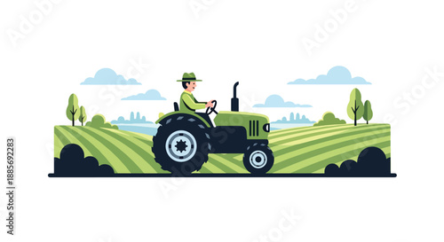 Vector illustration of a USA farmer driving a tractor across farmland, showing mechanized agriculture, productivity, and modern rural farming life in clean flat vector style