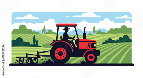 Vector illustration of a USA farmer driving a tractor across farmland, showing mechanized agriculture, productivity, and modern rural farming life in clean flat vector style