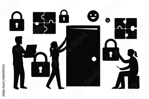 Silhouette of people working together with locks and puzzles on white background
