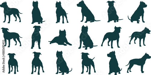 Black Pitbull and Staffordshire Terrier Dog Silhouettes Set with Sitting Standing and Lying Down Profiles Isolated on White Background for Pet Canine Vector Graphic Design