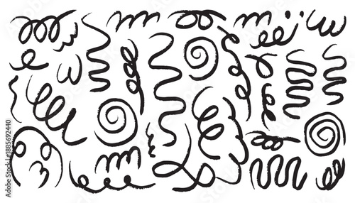 Hand drawn simple, playful, curvy and spiral lines doodle seamless pattern vector. Modern stylish elements. Black paint wavy bold brush strokes pattern. Hazy, crumple, doodle round scribble shape