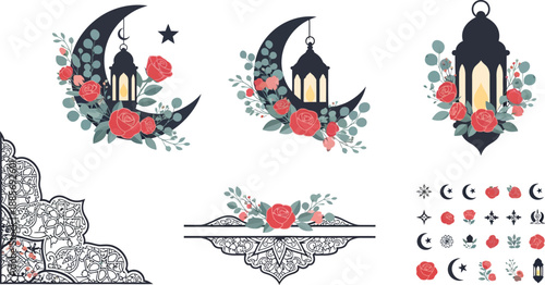 Islamic lanterns and crescent moon designs with floral patterns and geometric shapes for ramadan and eid celebration