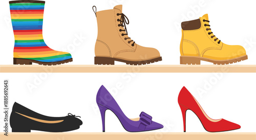 Women footwear illustration set with boots heels flats fashion shoes collection vector design