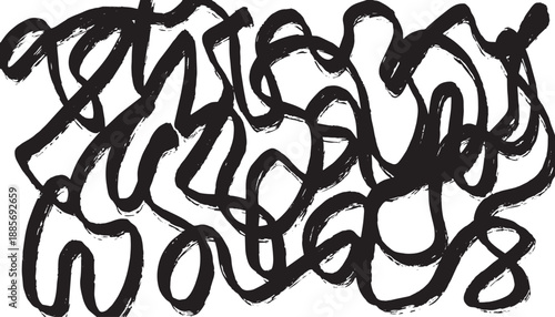 Hand drawn simple, playful, curvy and spiral lines doodle seamless pattern vector. Modern stylish elements. Black paint wavy bold brush strokes pattern. Hazy, crumple, doodle round scribble shape