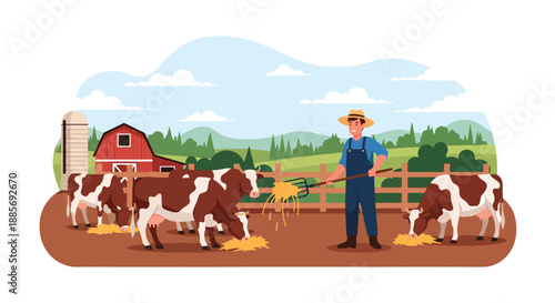Vector illustration of a USA farmer feeding cattle in a barnyard, showing livestock care and balanced American farm life in a clean flat vector illustration style