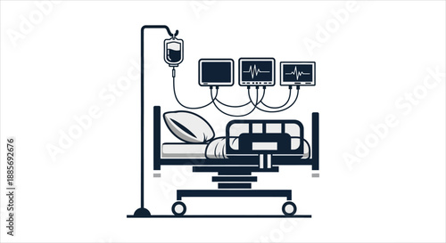 Healthcare Monitoring Hospital Bed with IV Drip and Medical Equipment Illustration