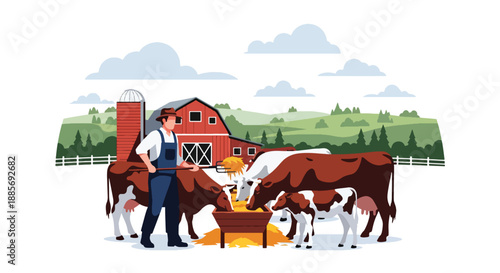 Vector illustration of a USA farmer feeding cattle in a barnyard, showing livestock care and balanced American farm life in a clean flat vector illustration style
