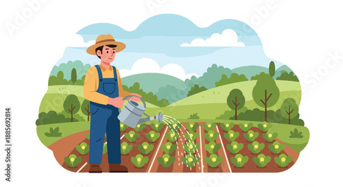 Vector illustration of a USA farmer watering vegetable crops, promoting eco-friendly irrigation and sustainable food production in a bright flat vector farm scene