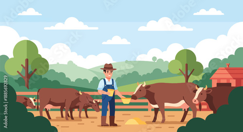 Vector illustration of a USA farmer feeding cattle in a barnyard, showing livestock care and balanced American farm life in a clean flat vector illustration style