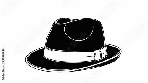 Classic Black Fedora Hat with White Band Illustration.