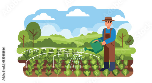 Vector illustration of a USA farmer watering vegetable crops, promoting eco-friendly irrigation and sustainable food production in a bright flat vector farm scene