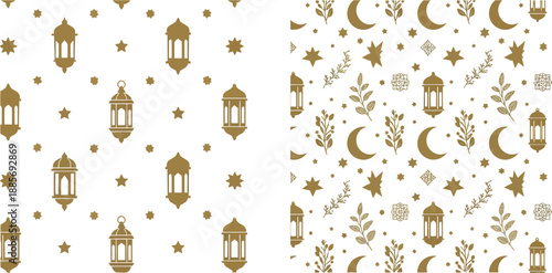 Elegant islamic lanterns crescent moons and stars on white background for ramadan or eid celebration decorations