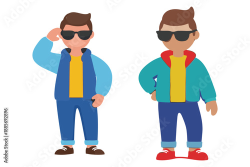 Two cartoon boys wearing sunglasses and colorful tracksuits standing on white background