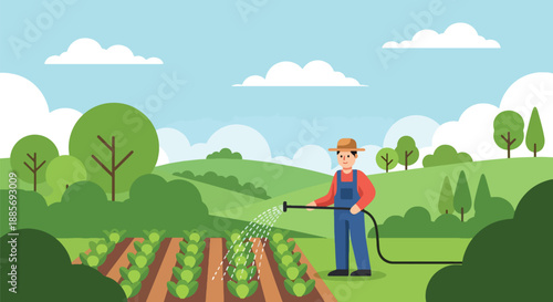 Vector illustration of a USA farmer watering vegetable crops, promoting eco-friendly irrigation and sustainable food production in a bright flat vector farm scene