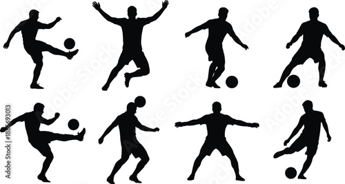 Black Soccer Player Silhouettes Set with Athletic Men Kicking Dribbling and Heading Footballs Isolated on White Background for Professional Team Sports Vector Graphic Design
