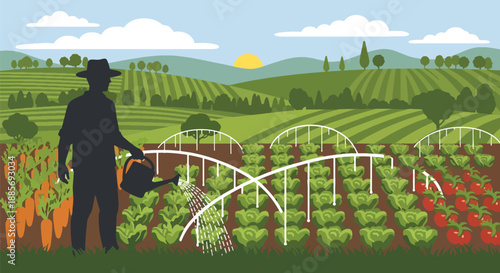 Vector illustration of a USA farmer watering vegetable crops, promoting eco-friendly irrigation and sustainable food production in a bright flat vector farm scene
