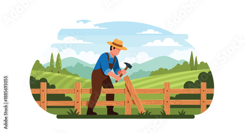 Vector illustration of a USA farmer repairing a wooden fence, highlighting rural maintenance, responsibility, and hardworking American farm life in flat vector style