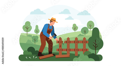 Vector illustration of a USA farmer repairing a wooden fence, highlighting rural maintenance, responsibility, and hardworking American farm life in flat vector style