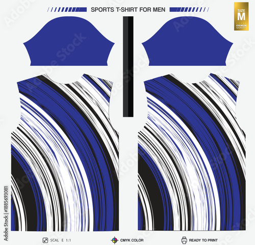 A detailed design template for a men's sports t-shirt featuring a blue and white striped pattern. The design includes a front view and a back view of the t-shirt, with additional elements such sublima